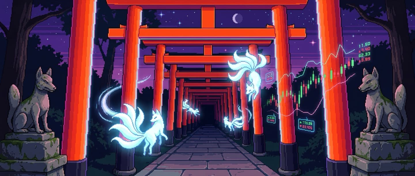 Inari shrine torii gates with kitsune spirits